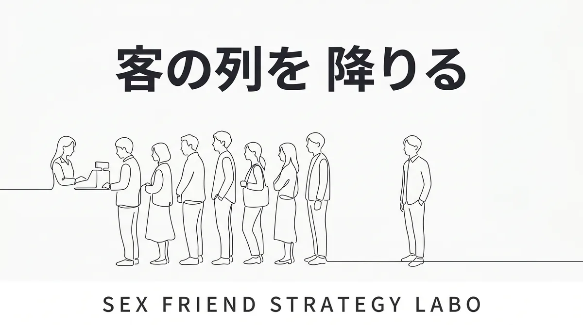 客の列に並ばず列の外に立つ対等な男が勝てることを表すイラスト