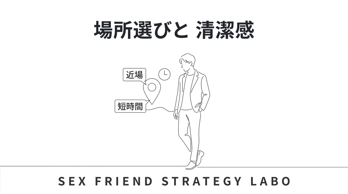 近場短時間の場所選びと清潔感のある服装を表すイラスト