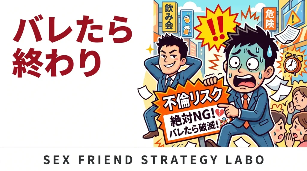 既婚者とのセフレに潜むリスクを解説する記事のアイキャッチ。警告に青ざめる男性のコミカルなイラスト