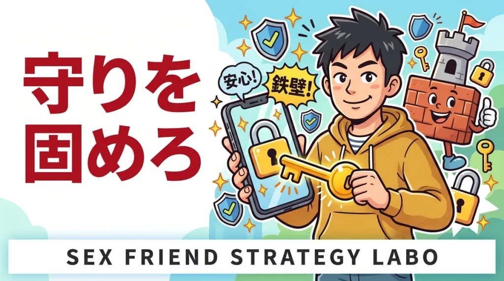 スマホに鍵をかけて守りを固める男性のコミカルなアイキャッチ