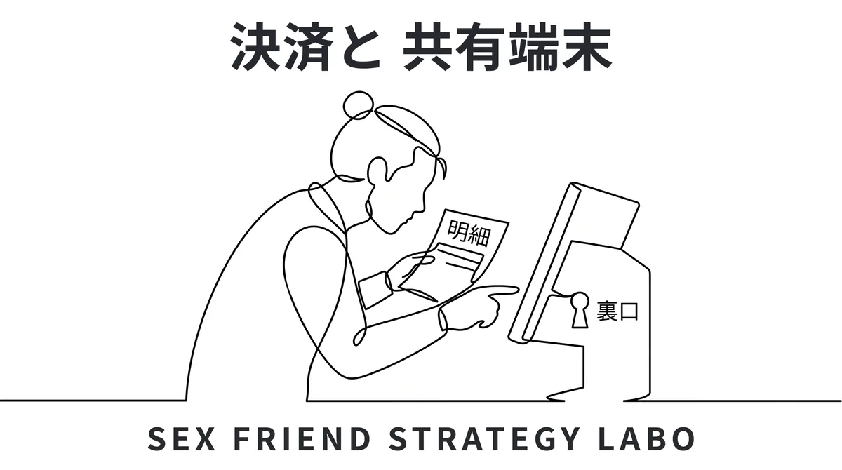 決済明細や共有端末という見落としやすい裏口を点検することを表すイラスト