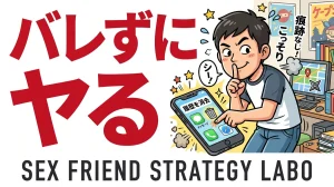 セフレがバレない方法を解説する記事のアイキャッチ。男性がこっそり痕跡を消すコミカルなイラスト