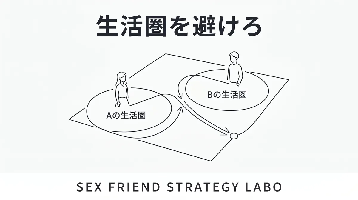 生活圏を避け足のつかない動線で会う場所の守りを表すイラスト