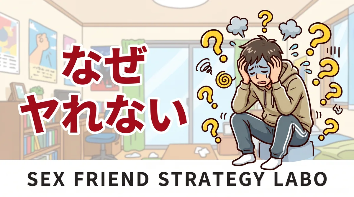 セフレができない原因を自己診断する記事のアイキャッチ。空回りする男性のコミカルなイラスト