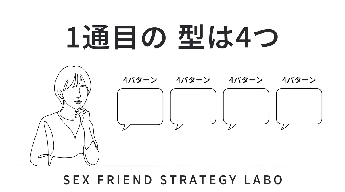 相手の状況別に4パターンの1通目テンプレを並べたイラスト