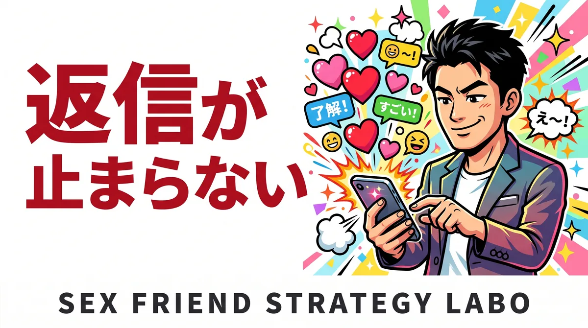 セフレのメッセージ・LINE術を解説する記事のアイキャッチ。男性がスマホで名文を打つコミカルなイラスト
