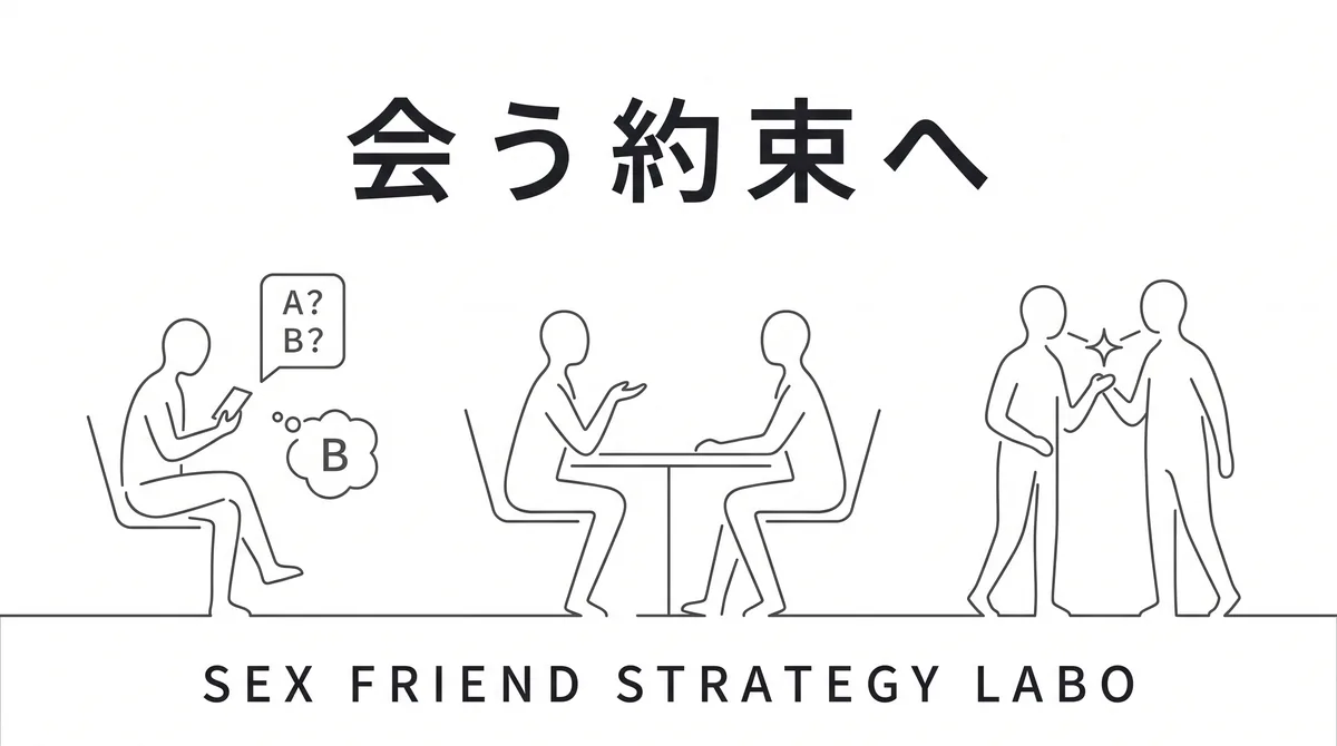 誘いの段取りと二択で会う約束につなげることを表すイラスト