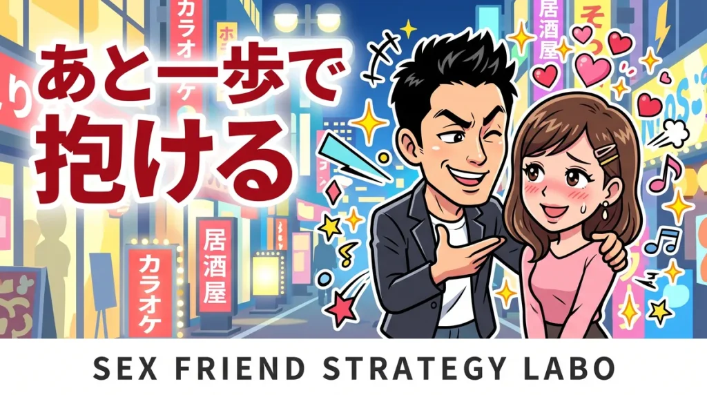 セフレの落とし方を解説する記事のアイキャッチ。男性が女性を口説き落とすコミカルなイラスト