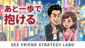 セフレの落とし方を解説する記事のアイキャッチ。男性が女性を口説き落とすコミカルなイラスト