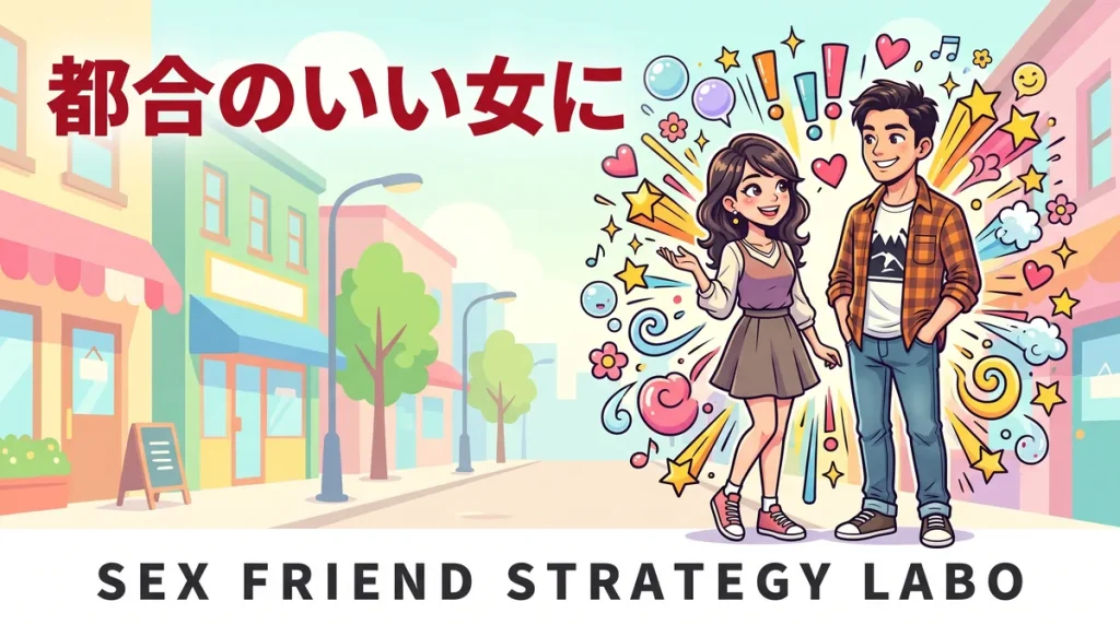 セフレの続け方を解説する記事のアイキャッチ。ちょうどいい距離感の男女のコミカルなイラスト