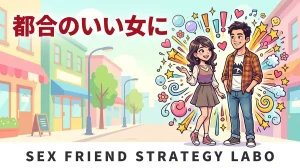 セフレの続け方を解説する記事のアイキャッチ。ちょうどいい距離感の男女のコミカルなイラスト