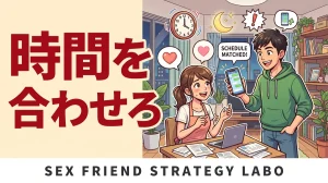 シングルマザーとセフレになる方法を解説する記事のアイキャッチ。年下男性が相手の空いた時間に余裕で合わせるコミカルなイラスト