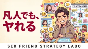 セフレの作り方を解説する記事のアイキャッチ。自信満々の男性が複数の女性を前に攻略法を考えるコミカルなイラスト
